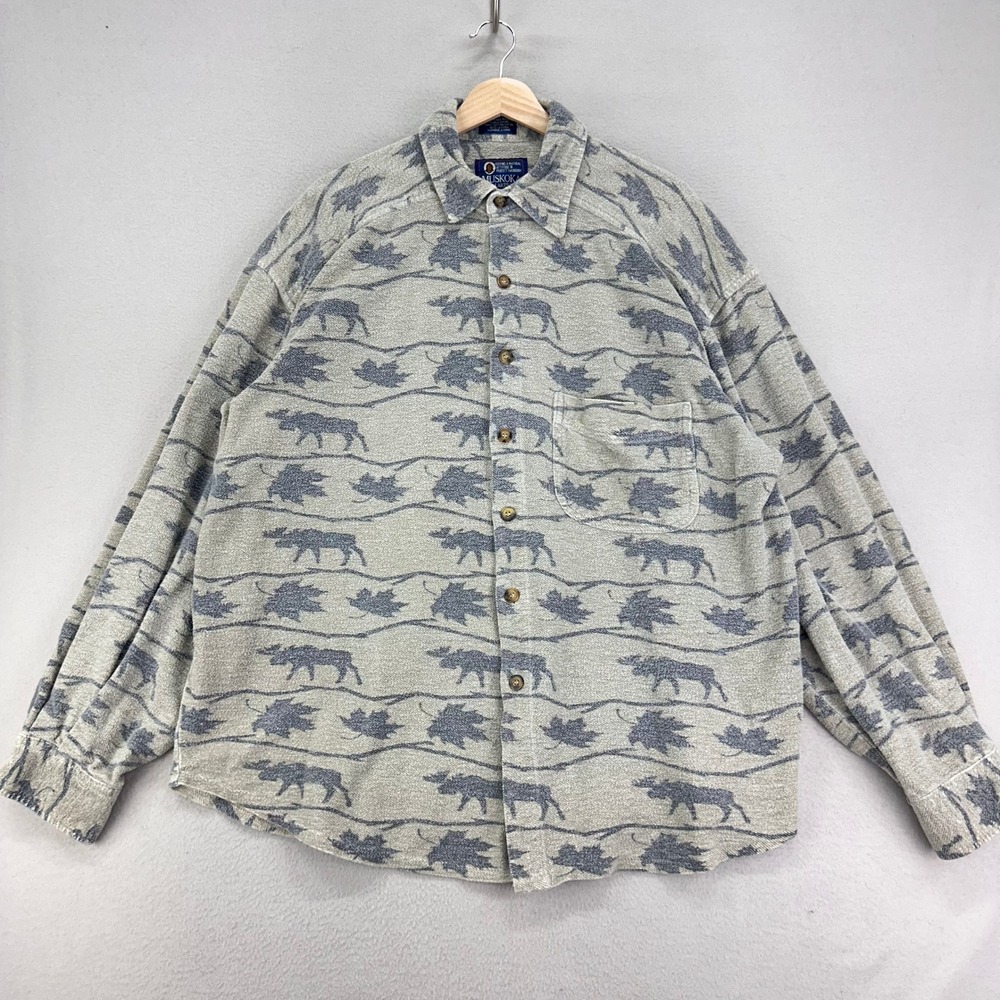 Muskoka Lakes Blanket Shirt Mens Large‎ Moose Leaf AOP Thick Flannel Shacket VTG